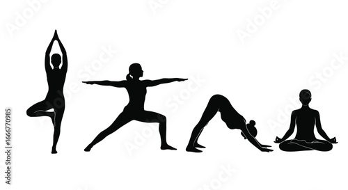 Silhouette of four yoga poses demonstrating balance strength and flexibility on a vector
