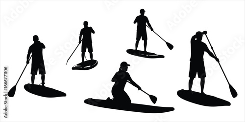 Various paddleboarders in silhouette on white background stand up paddleboarding water sport