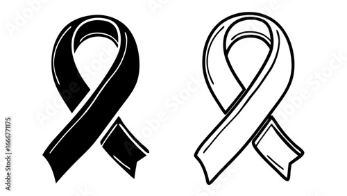 Black Ribbon Icons in Outline and Solid Black Vector Icon Style