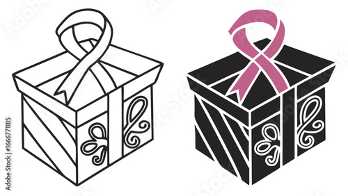 Awareness Ribbon Gift Box Icons in Outline and Solid Black Vector Icon Style