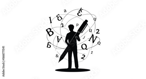 Creative writer silhouette holding giant pen surrounded by letters and numbers symbolizing knowledge and education vector