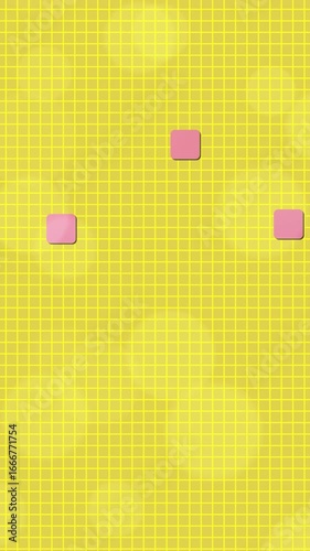 Abstract Puzzle Game. Geometric elegant motion graphic, pink squares on vibrant yellow color grid pattern, 23 seconds duration, vertical resolution.