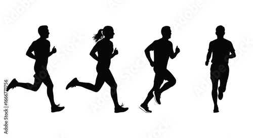 Dynamic silhouettes of male and female runners in mid-stride capturing athleticism and motion vector