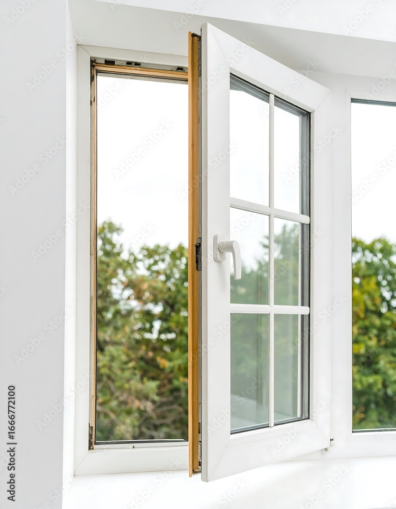 Fototapeta premium Open white window with view of trees