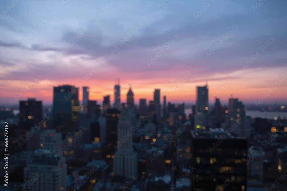 Fototapeta premium Sunrise over a misty urban horizon, featuring shadowy building outlines in gentle pastel tones for a peaceful cityscape scene.