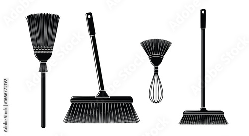 Collection of four assorted bristle broom and whisk cleaning tools isolated on vector
