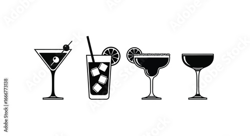 Diverse collection of four elegant cocktail glasses filled with refreshing beverages and garnishes vector