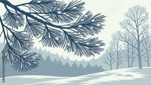 Snowy Pine Branch in Winter Landscape pine needles