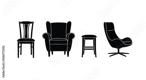 Collection of four distinct black silhouette chairs and stool displayed separately on white vector