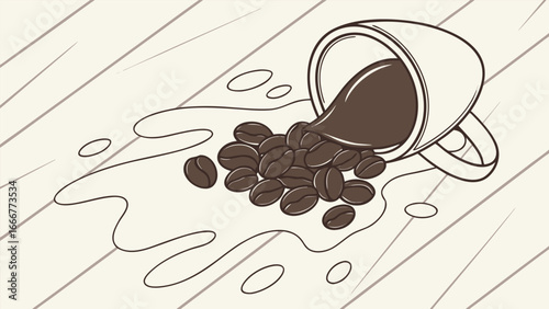 Spilled Coffee Cup With Beans And Liquid On Wood Grain Surface