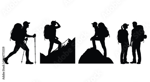 Silhouette hikers embrace adventure capturing mountain exploration and camaraderie outdoors vector