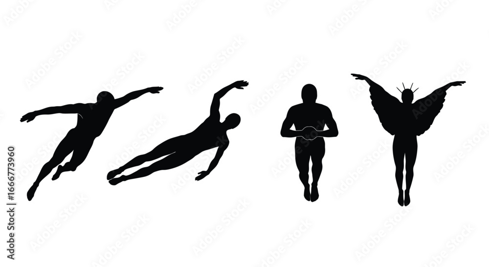 Fototapeta premium Dynamic silhouette collection of superhero figures in various action poses and poses of flight vector