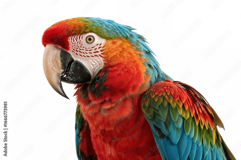 Obraz premium Scarlet and azure parrot perched against a plain backdrop