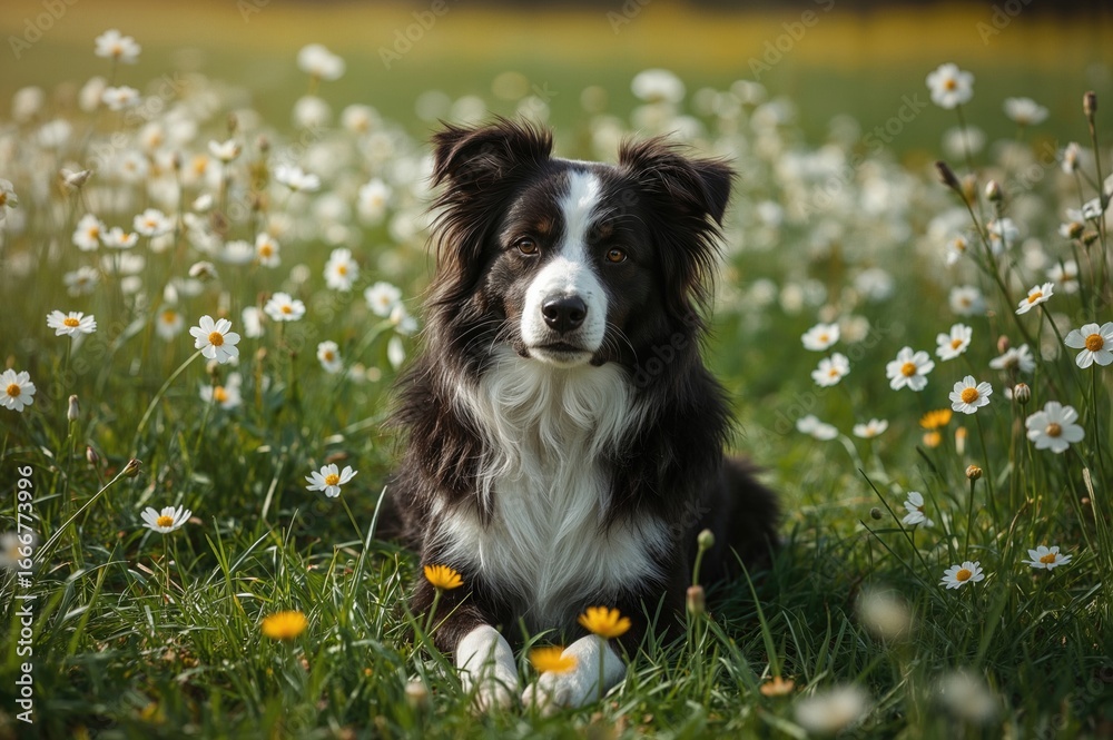 Fototapeta premium Close-up of a border collie surrounded by blooming white flowers in springtime
