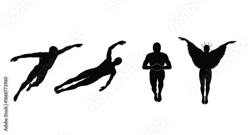 Dynamic silhouette collection of superhero figures in various action poses and poses of flight vector