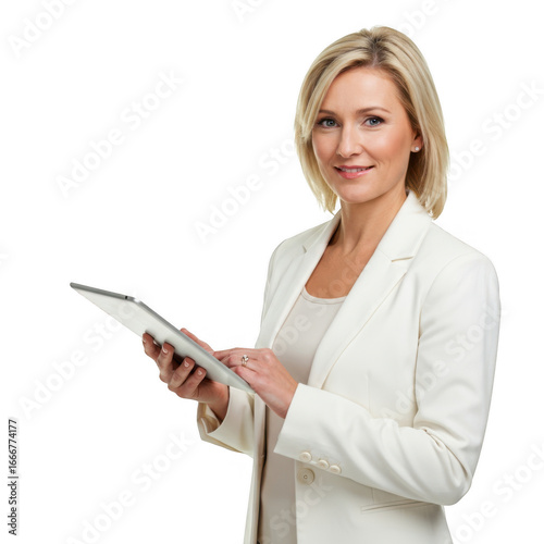 Blonde woman in white blazer holding tablet isolated on transparent background