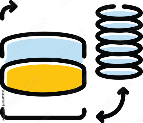 Stack of blue and yellow discs with arrows light blue