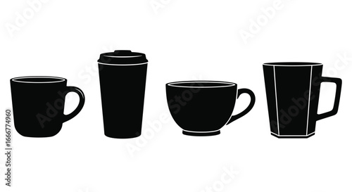 Four silhouette black cups and mugs for coffee and tea displayed in a row vector