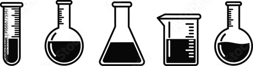 Assortment of scientific glassware filled with dark liquid, ready for experiments.