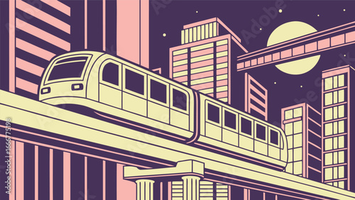 Stylized city skyline with monorail at night train