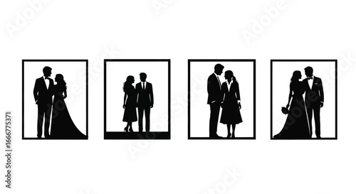 Elegant wedding couple silhouettes in square frames romantic embrace bride and groom artistic representation vector