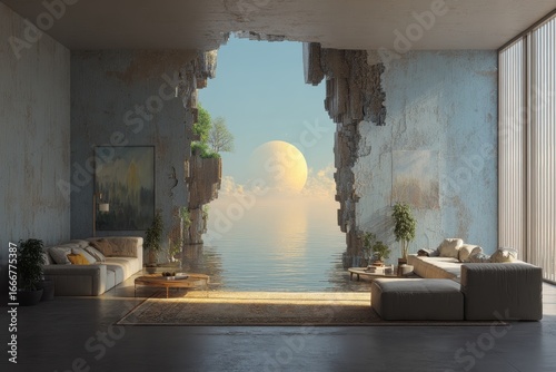 Interior with a sea view through a broken wall; serene living; for real estate