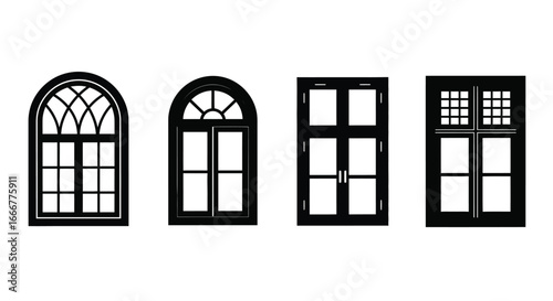 Collection of four diverse architectural window styles showcasing classic and modern designs vector