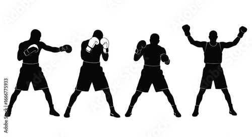 Four boxing silhouettes showing different fight stances and punching movements for sports concepts vector