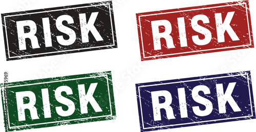 Four distressed stamps with the word 'RISK' in different colors