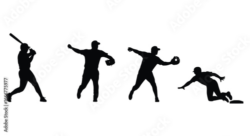 Silhouettes of baseball players in action batting pitching fielding and sliding capturing the excitement of the game vector