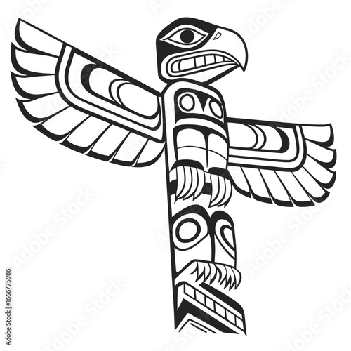 Black and white illustration of a stylized eagle totem pole