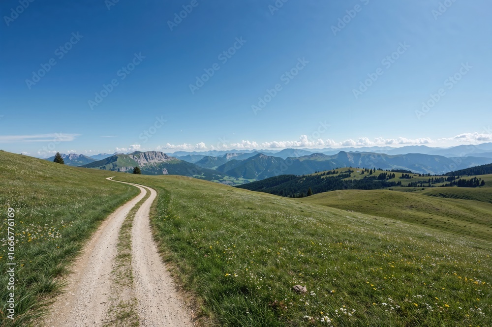 Fototapeta premium Winding trail through lush hills with mountain backdrop under a clear summer sky