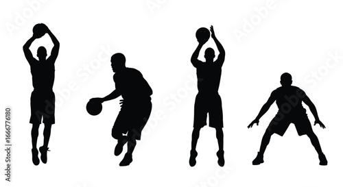 Dynamic basketball silhouettes capturing diverse player actions and game momentum vector