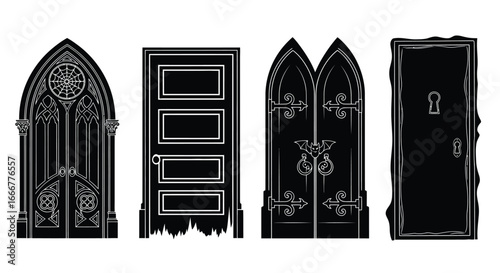 Collection of gothic architectural elements including ornate doorways windows and a simple wooden door vector