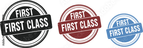 Three grunge style stamps displaying "First Class" in varying colors