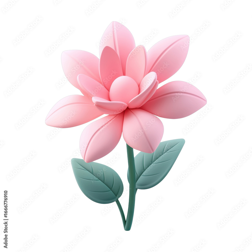 Fototapeta premium Stylized pink flower with green leaves on a black background