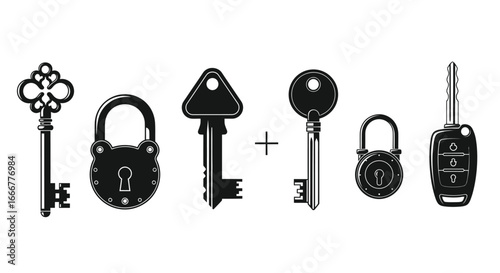 Collection of antique and modern keys and padlocks representing security and access across time vector