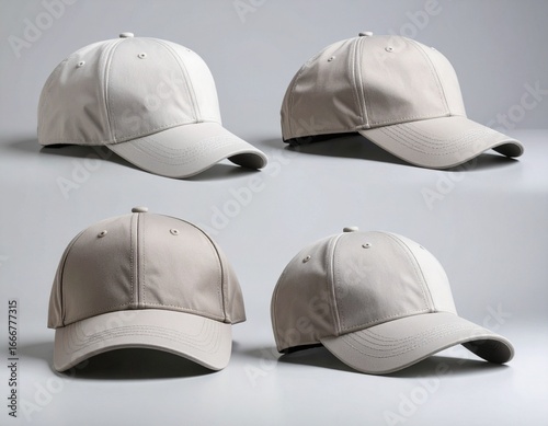 Four plain light-colored baseball caps displayed from various angles on a simple gray background, showcasing their design.