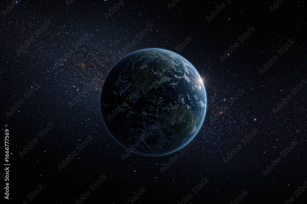 Fototapeta premium The planet appears blue amidst the stars and universe, surrounded by white clouds and a glowing ozone layer.