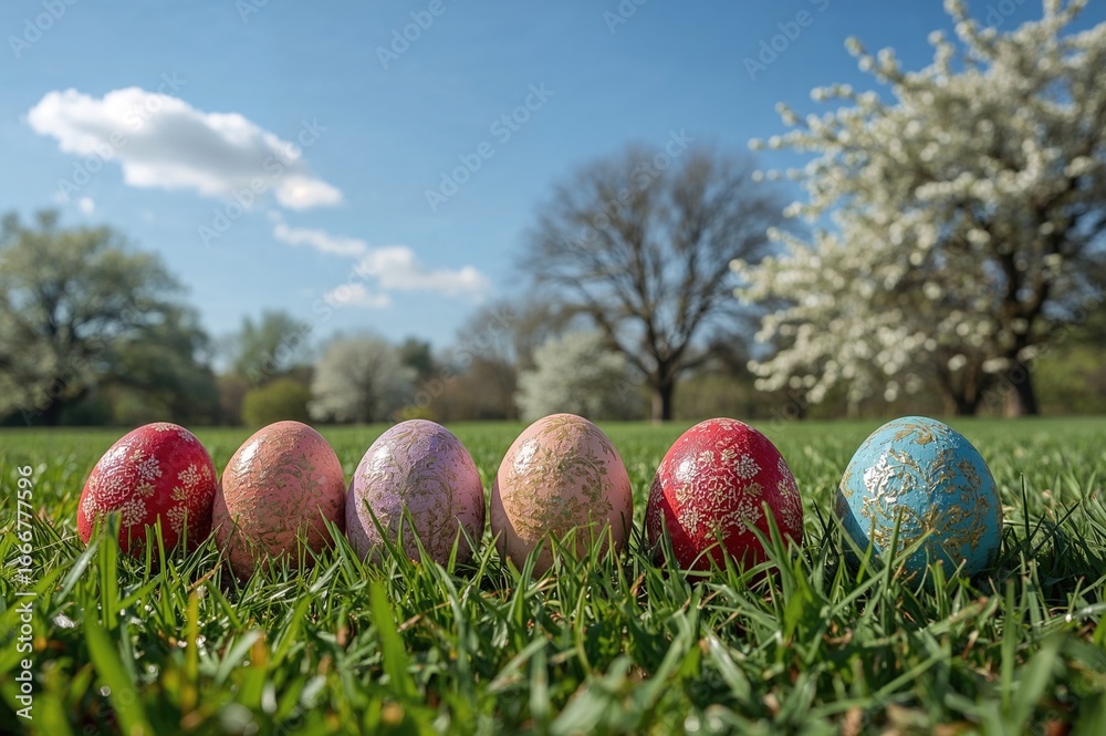 Fototapeta premium A line of colorful Easter eggs on the grass