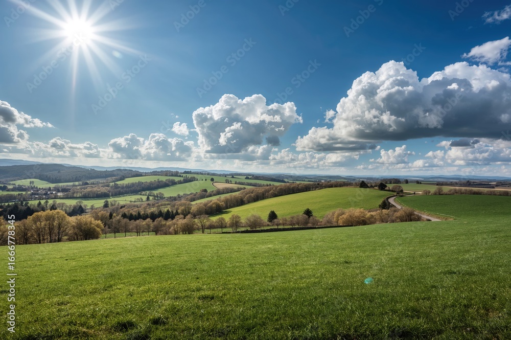 Fototapeta premium Picturesque rural landscape with green fields and a clear blue sky on a sunny spring afternoon.