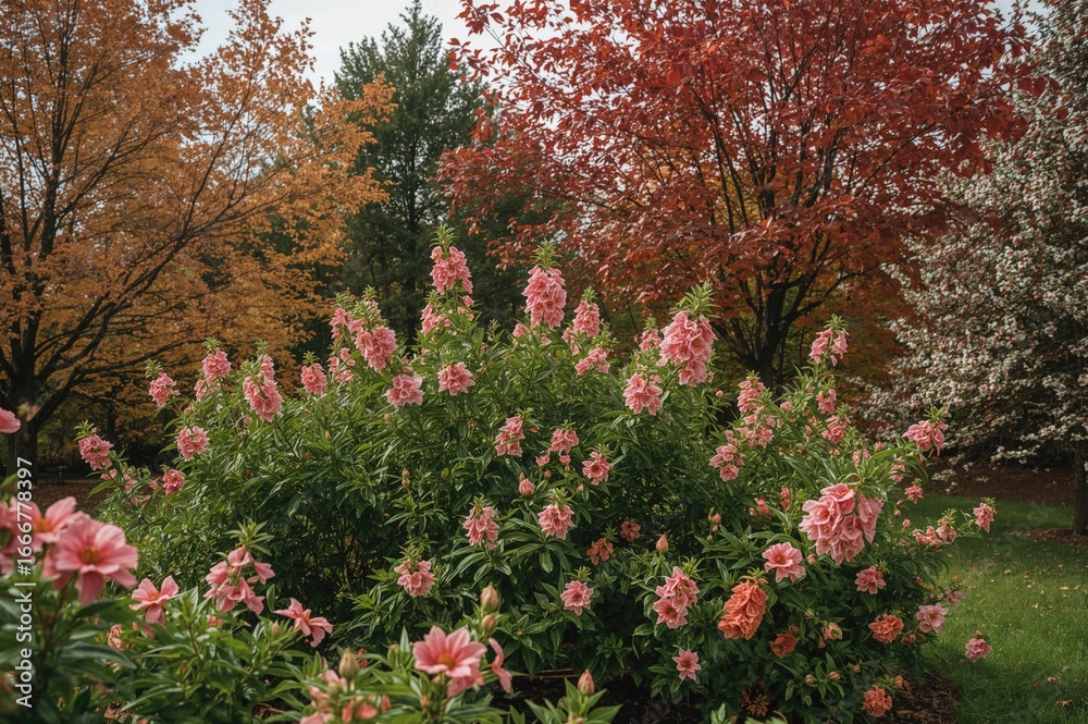 Naklejka premium Stunning blooms adorning a shrub against an autumn backdrop