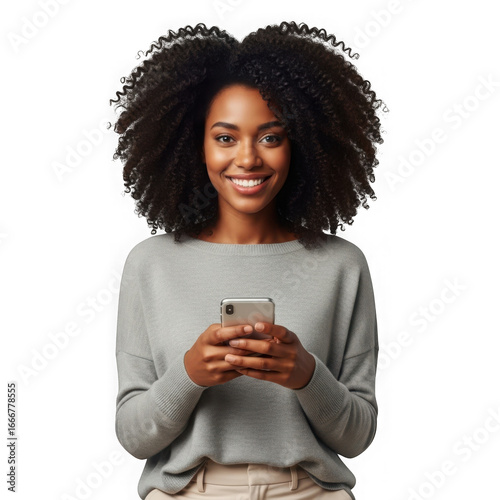 Wallpaper Mural Smiling young black woman with voluminous curly hair holding a smartphone looking at the camera transparent background Torontodigital.ca