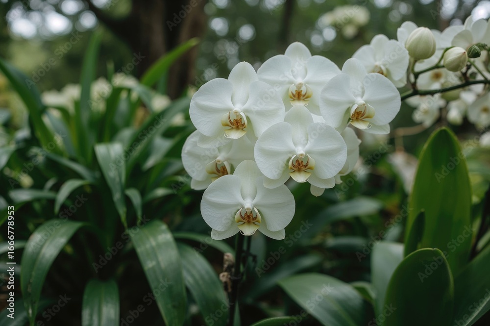 Obraz premium Stunning white orchid blooms backdrop with spring garden vibes