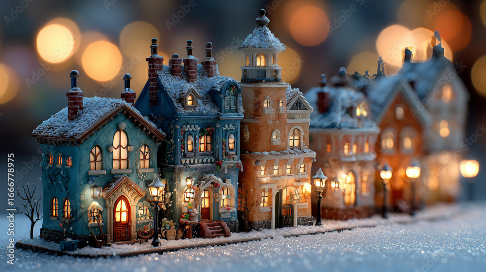 Fototapeta premium Miniature Christmas Village with Snow and Glowing Lights