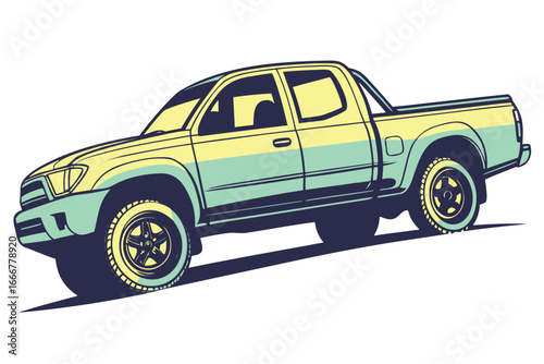 Two tone pickup truck driving on a white background