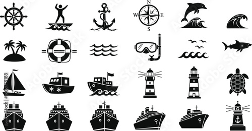 Collection of nautical and maritime icons depicting boats, lighthouses, and sea life