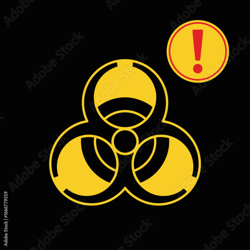 A yellow biohazard symbol with a red exclamation mark warning sign on a black background.