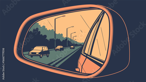 View from car side mirror of highway traffic and trees