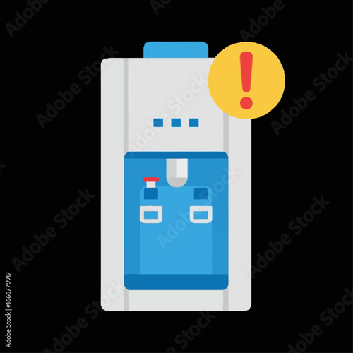 A stylized illustration of a water cooler with a prominent warning symbol indicating an issue.